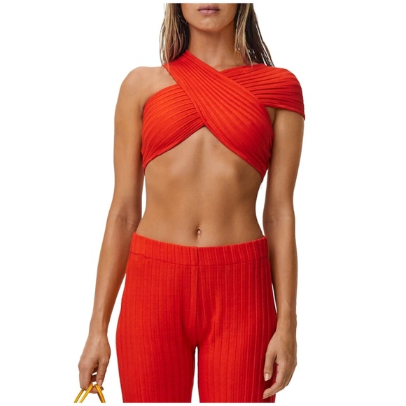 Simon Miller Tops - SIMON MILLER Womens Red Ribbed Crossover Neck Pullover Sleeveless Crop Top